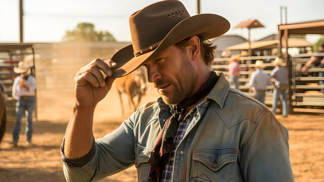 Cowboy tipping hat at dusty ranch at sunset