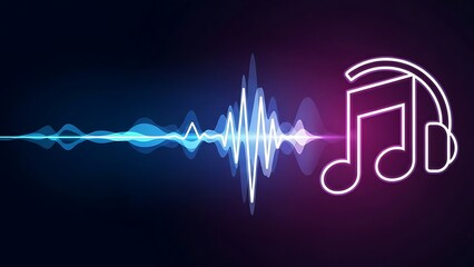 Vibrant sound wave and music note graphic with headphones on dark background