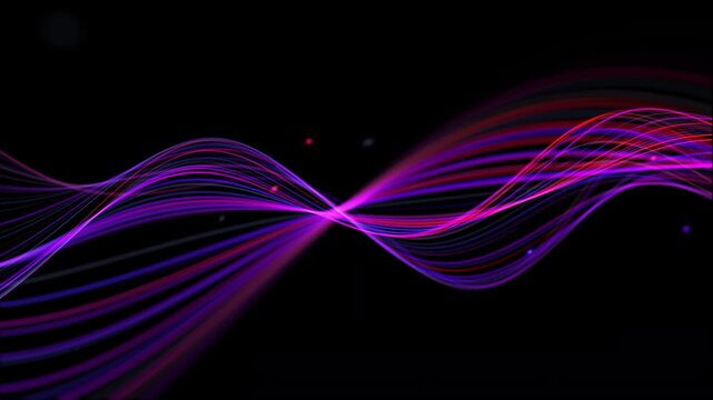 Colorful neon wave ribbons deep black background. Flowing purple magenta red light curves forming layered energy lines. Abstract luminous waveform landscape, smooth looping rhythm, high contrast glow