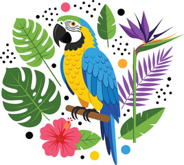 Obraz premium Colorful tropical parrot vector illustration with monstera leaves hibiscus flowers and exotic botanical jungle elements