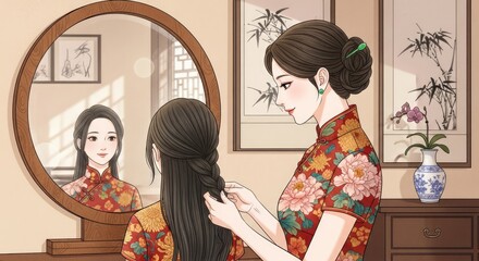 Obraz premium Woman in traditional cheongsam dress styling her long dark hair