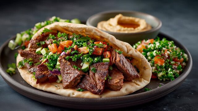 A plate of mouthwatering lamb shawarma with pita bread, Arabic salad, and tabbouleh on the side.