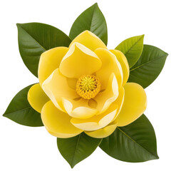 Vibrant yellow flower with green leaves isolated on transparent background