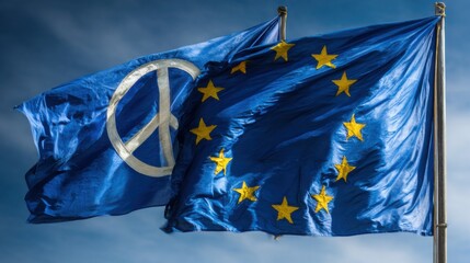 Flags of peace and European Union waving together in the wind under a blue sky