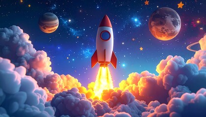 A vibrant cartoon rocket launches through fluffy clouds into a starry, colorful cosmos filled with planets