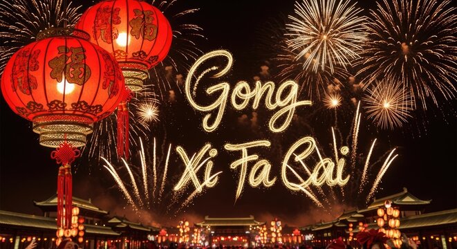 Vibrant Chinese New Year celebration with fireworks and lanterns - Powered by Adobe