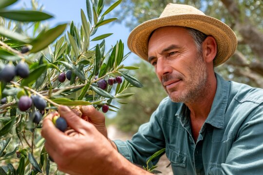 Farmer harvesting fresh olives from olive tree branch