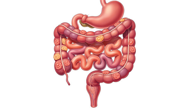 Detailed front view illustration of small intestine anatomy isolated on white background highlighting duodenum jejunum ileum and lymphoid tissue in vivid colors.