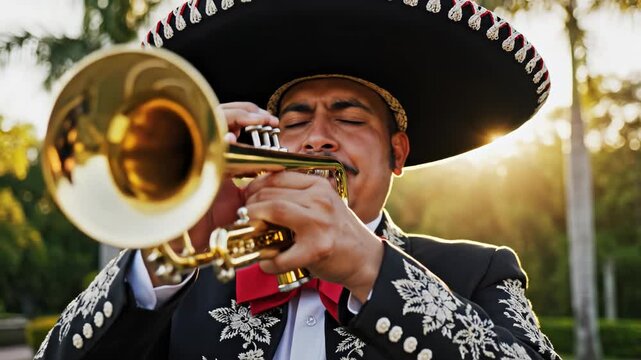 Man in traditional outfit playing trumpet