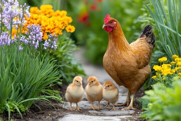 Fototapeta premium Hen fostering chicks in a vibrant spring garden