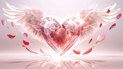 Transparent Crystal Heart with Delicate Wings, Glowing Light and Floating Red-Pink Petals, KPop Elegant Romantic Backdrop for Greeting Cards, Luxury Brand Visuals and Anniversary Designs