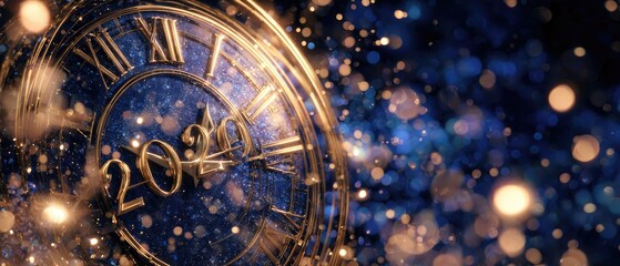A detailed image of a clock face and gold numerals, with bokeh effect and a dark background