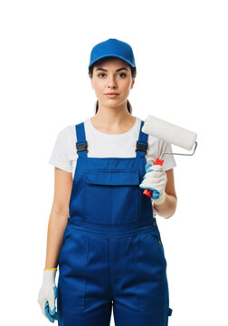 a confident young caucasian woman in blue professional overalls and cap holding a paint roller, sharp focus, isolated against a bright white studio background. concept of skilled labor empowerment