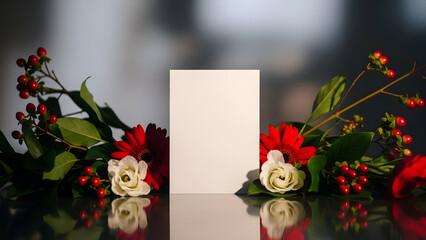 Happy valentine's day greeting card with beautiful red roses and white flowers