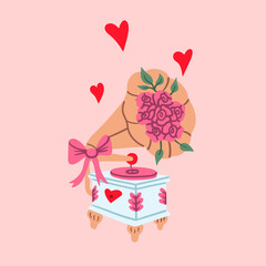Flat style illustration of vintage gramophone with bouquet of pink roses in the horn, hearts floating around, and decorative bow on the base, perfect for Valentine s Day cards.