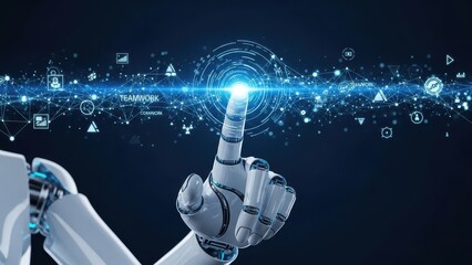 Robot is pointing at a blue circle with a white dot in the middle