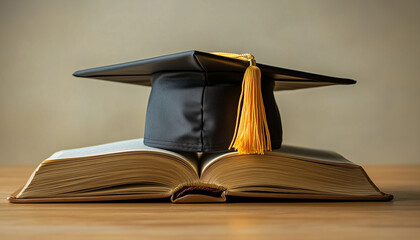 Black graduation cap rests on open book. Academic achievement concept. Graduation, education, study, and learning symbol
