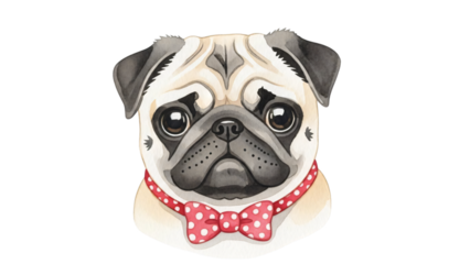 Pug wearing red bow tie and black background with white polka dot.