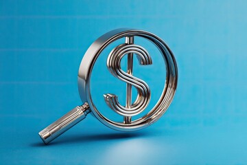 A shiny magnifying glass, focused on a dollar sign, against a blue, textured background