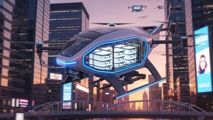 Obraz premium Futuristic urban air taxi flying over city skyline at dusk with glowing lights