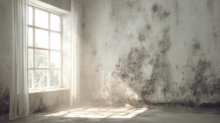 Light enters an old room with a dusty window and walls covered in stains and marks in the afternoon