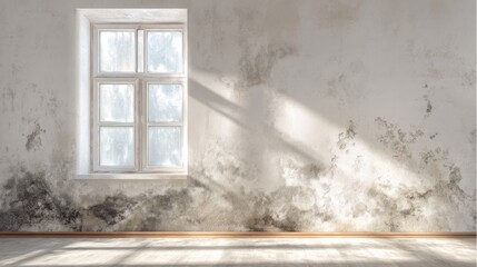 Fototapeta premium Old room with a window showing water damage and mold during daytime on a sunny day