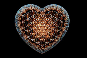 heart of harmony with flower of life pattern, black background, shiny, mindful love, esoteric passion, romance, romantic, luxury, photorealistic