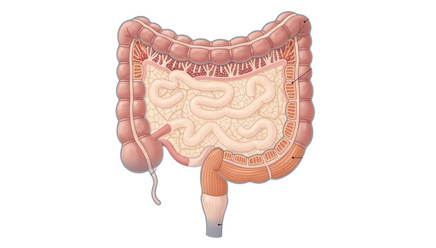 Colorcoded layers of small intestine crosssection showing mucosa submucosa muscularis and serosa with clear differentiation for educational purposes on white background.