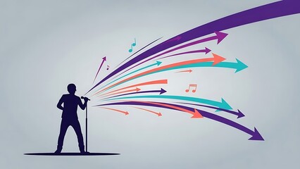 Confident singer performing with energetic music notes and arrows