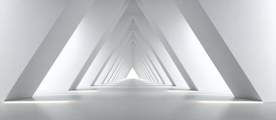 Modern architectural perspective of a stark, white, triangular tunnel, vanishing to a point