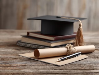 Calm graduation still life with diploma notebook and pen on clean wooden table, adaptable for editorial and commercial use, perfect for lifelong learning and academic success concept
