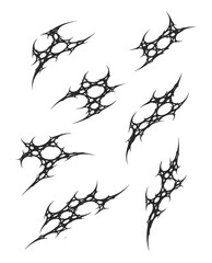 Neo tribal cybersigilism y2k metal tattoo collection with gothic designs for alternative style and body art. set flame ornaments with sharp edges and metalcore aesthetic. Vector decorative elements