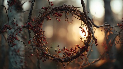 Wreath of interwoven vines and red berries hangs in a hazy, warm lit forest