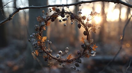 Wreath of leaves/berries hanging on a twig in the woods; golden sunlight