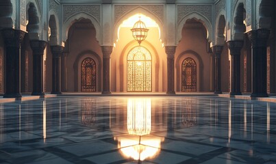 Elegant Mosque Courtyard with Reflective Marble Floor and Arched Columns