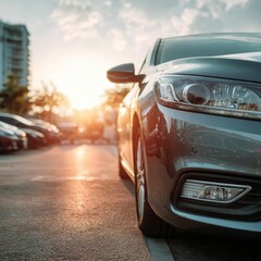 Car parked neatly in sunlit outdoor parking lot representing used vehicle sales and rental services with minimal background. Trust and accessibility for modern automotive dealership business.