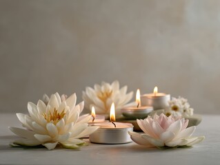 Vesak celebration scene with glowing candles and fresh lotus flowers arranged on clean neutral surface. Spiritual calming atmosphere for Buddhist mindfulness and traditional holiday observance.