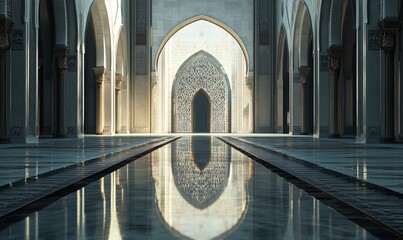 Elegant Mosque Courtyard with Reflective Marble Floor and Arched Columns