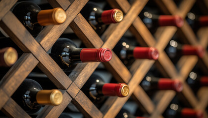 Wooden wine rack filled with various red and white wine bottles. Bottles are neatly stored in a cellar or store. Alcohol collection shows diverse drink options