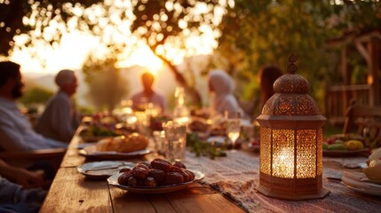 Muslim family sharing traditional iftar meal together at sunset with dates and decorative lanterns on table representing Ramadan spiritual gathering and cultural unity celebration in peaceful home.