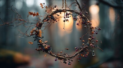 Wreath of twigs, berries, and leaves hanging in a blurred forest setting