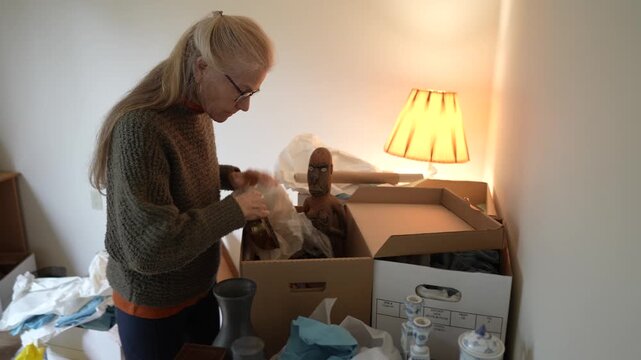 Mature woman opens a box full of family treasures from travels and heirlooms that hold memories and connections in her living space.
