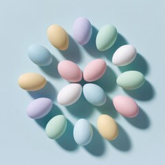Cute pastel colored easter eggs arranged in perfect symmetrical pattern on light clean background surface, organized festive display. Easter holiday marketing campaigns and social media design concept