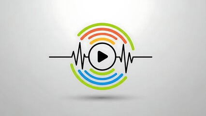 Modern play button icon with colorful sound wave design