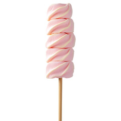 Soft pink marshmallow candy on wooden stick for dessert isolated on transparent background