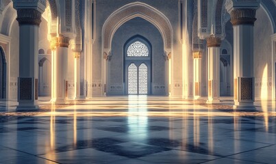 Symmetrical Islamic Architecture of a Grand Mosque Interior at Dawn