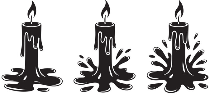 Set of burning melting candles with dripping wax and splash effect black and white illustration