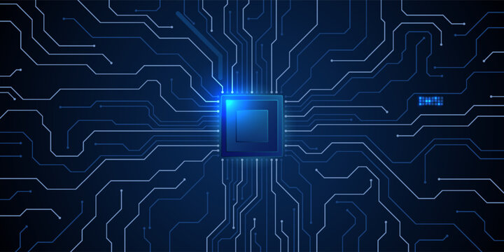 Abstract tech background featuring AI-powered circuit design with semiconductor microchip elements and flowing data streams in luminous blue digital atmosphere. Tech vector illustration.