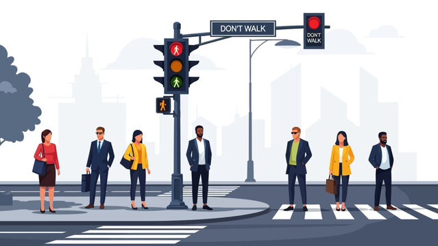 Diverse group of people waiting at a crosswalk with a red traffic light and Dont Walk sign in a city.
