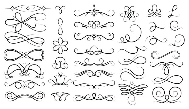 Flourish calligraphic design elements set. Vintage swirls and scrolls for page decoration. Ornate symbols for retro design frames and invitations